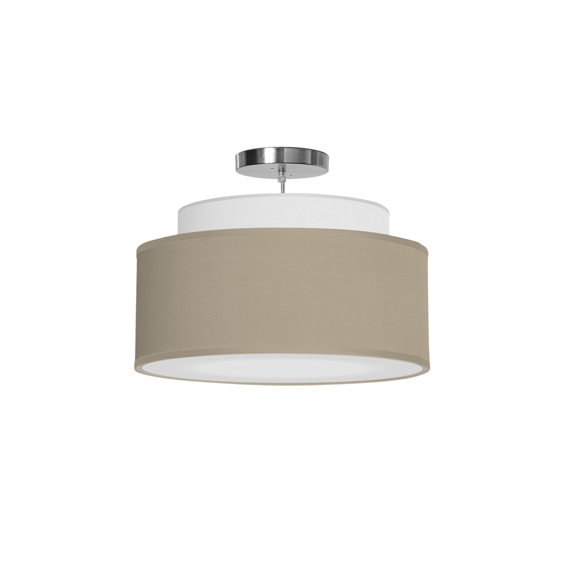 The Elsa Hanging Lamp from Seascape Fixtures with a linen shade in tan color.