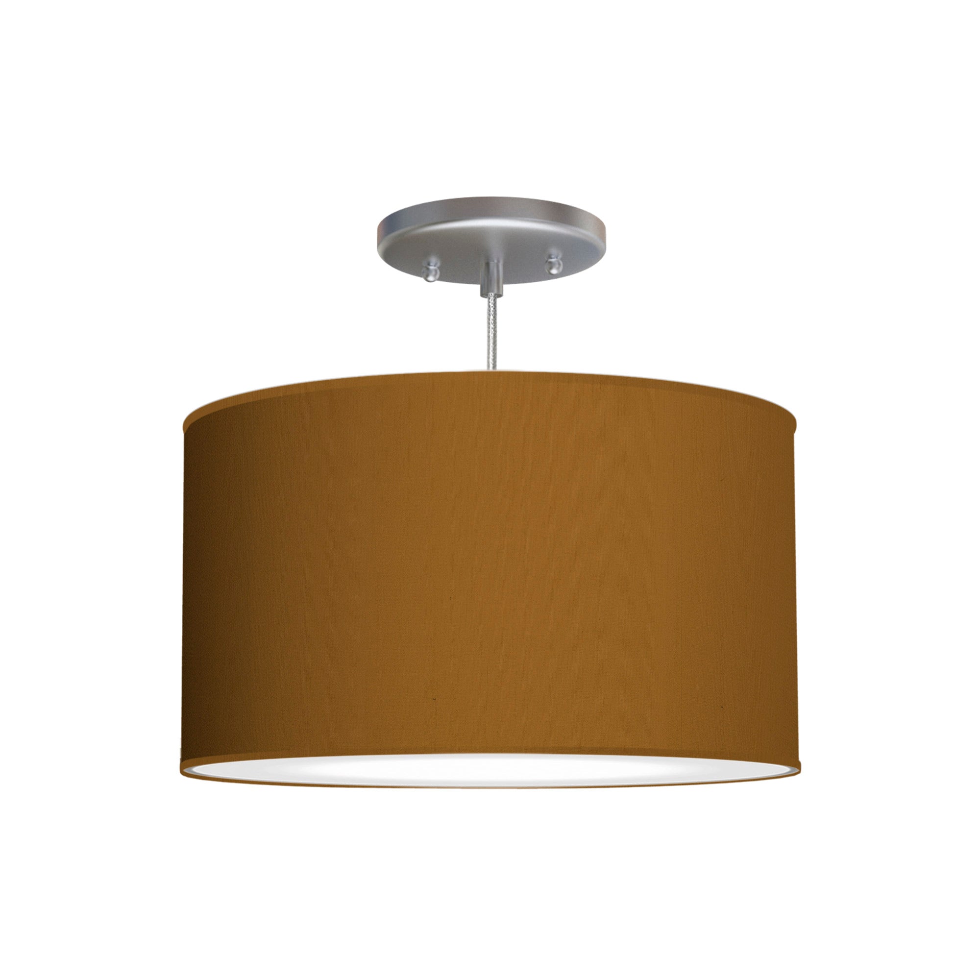 The Gab Hanging Lamp from Seascape Fixtures with a silk shade in antique copper color.