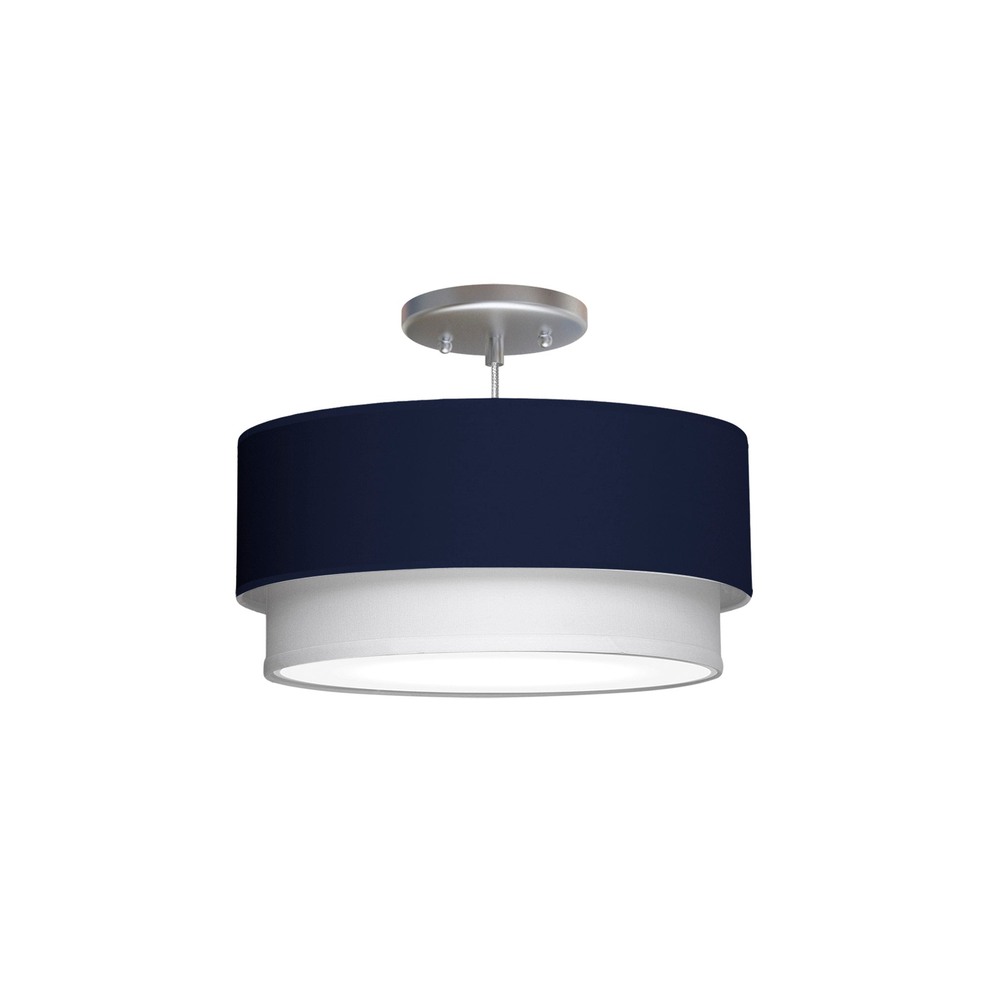 The Lenny Hanging Lamp from Seascape Fixtures with a linen shade in navy color.
