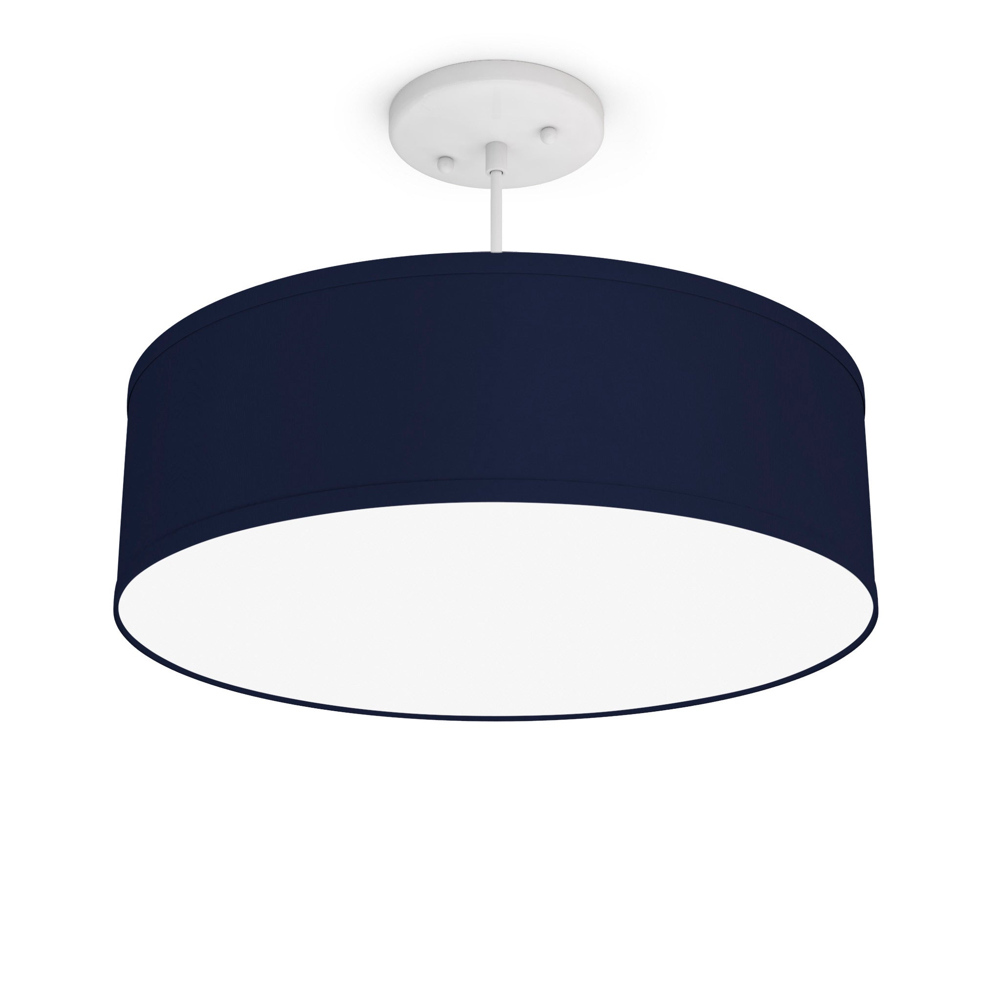 The Sheila Hanging Lamp from Seascape Fixtures with the white base in linen, navy color.