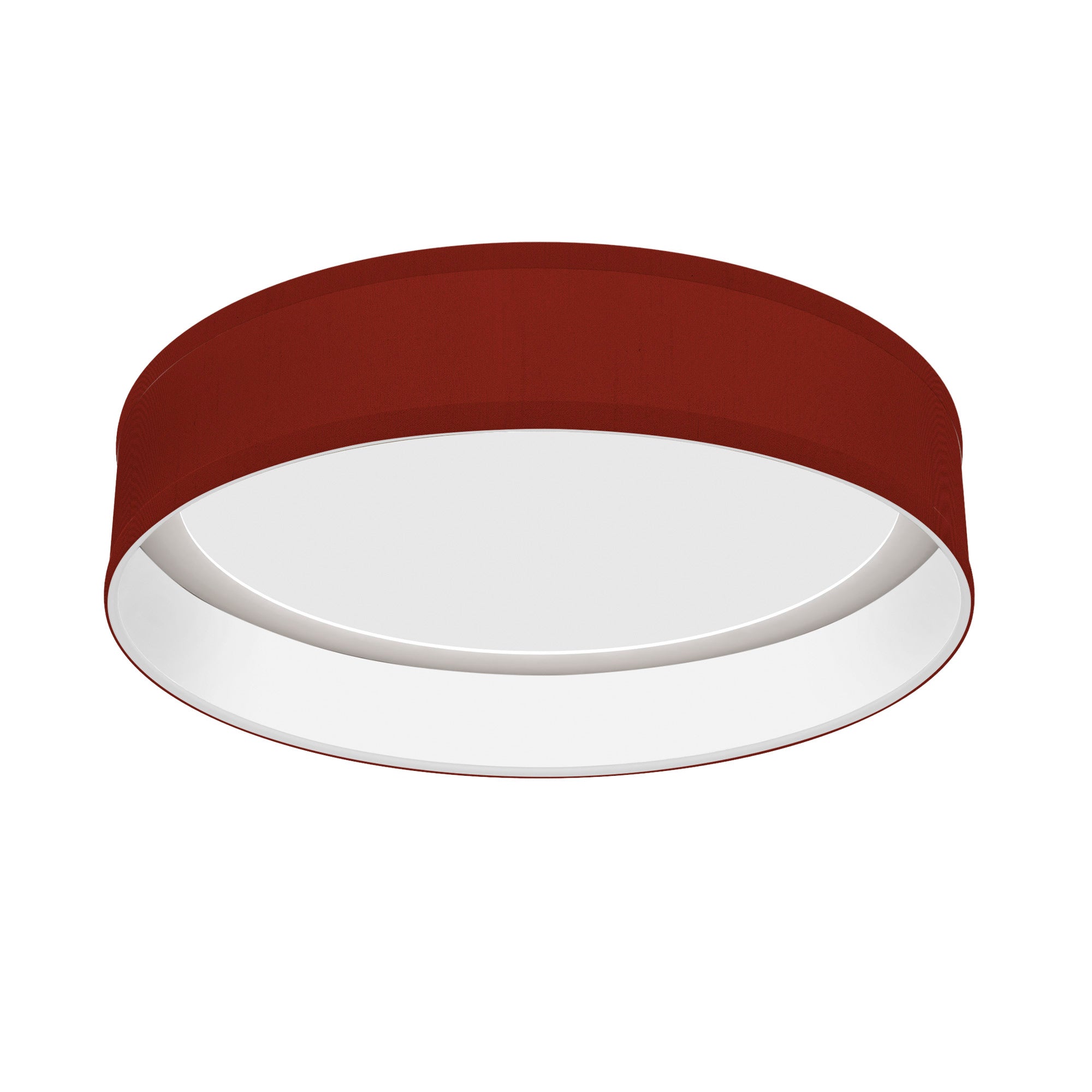 The Vince Flush Mount from Seascape Fixtures with a silk shade in burgundy color.
