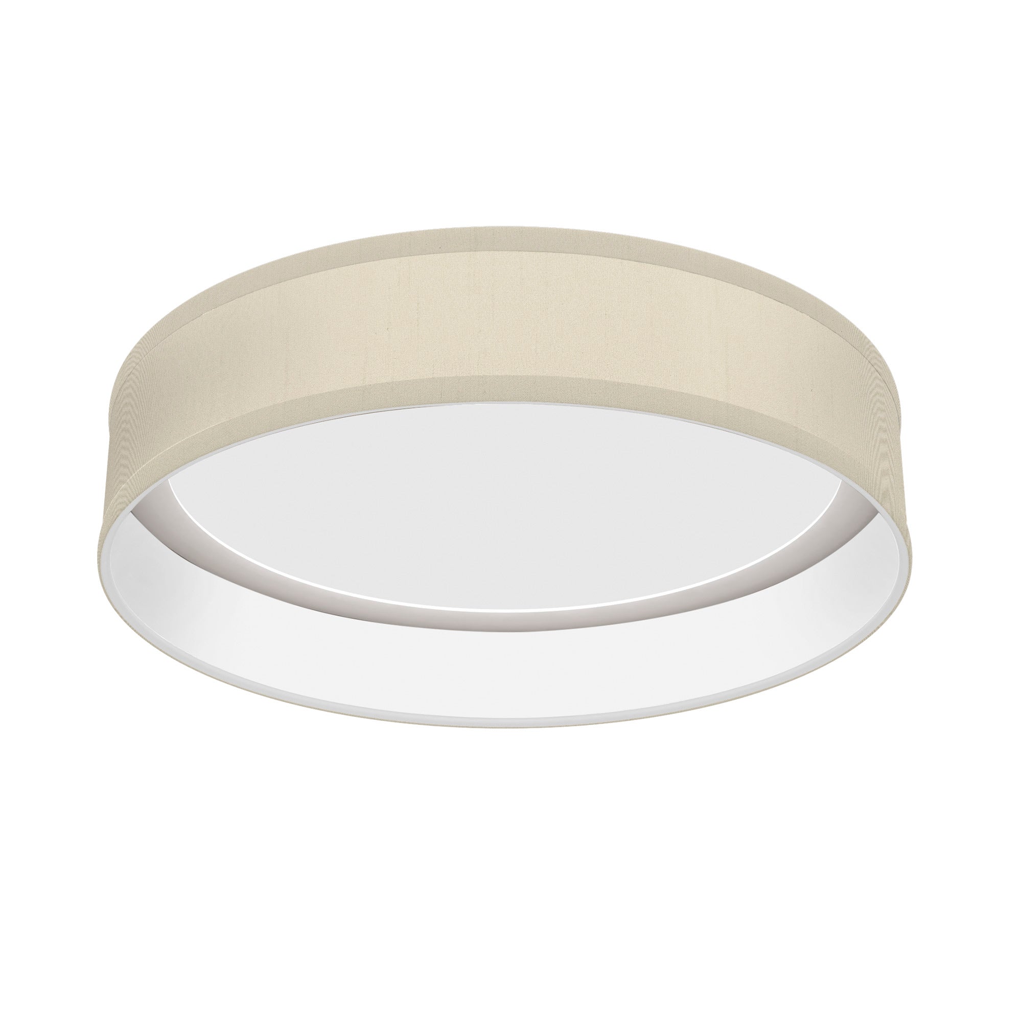 The Vince Flush Mount from Seascape Fixtures with a silk shade in cream color.