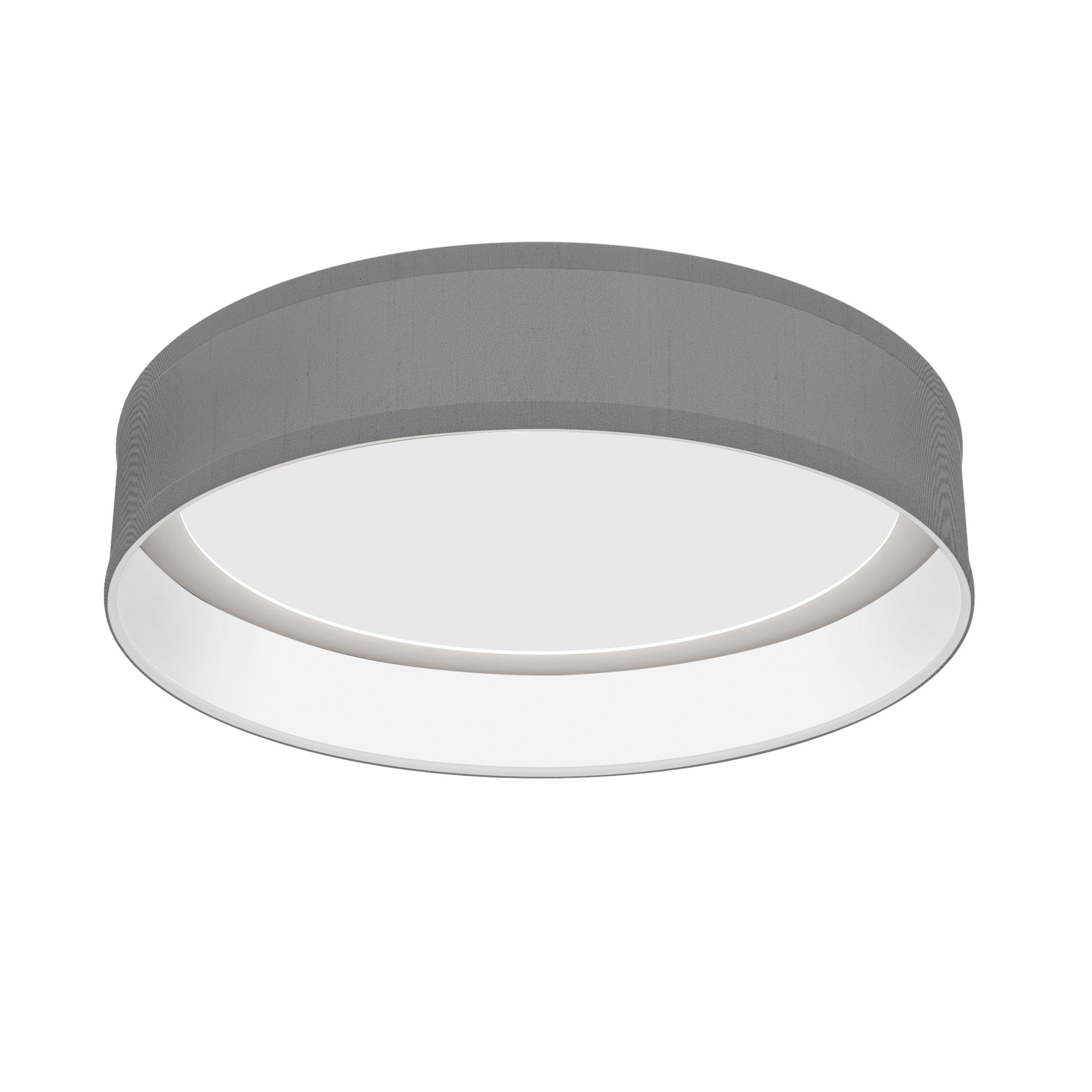 The Vince Flush Mount from Seascape Fixtures with a silk shade in gunmetal color.