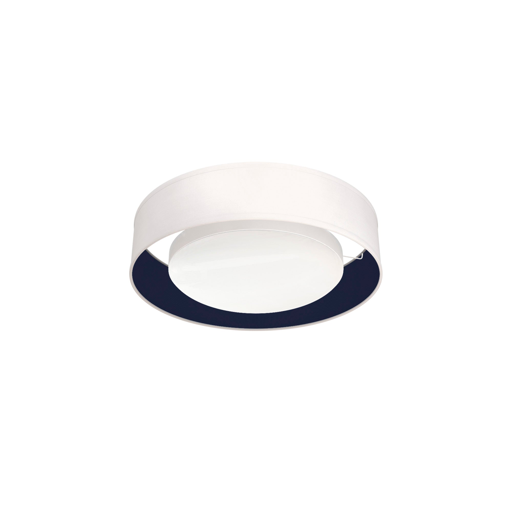 The Vinny Flush Mount from Seascape Fixtures with a linen shade in navy color.